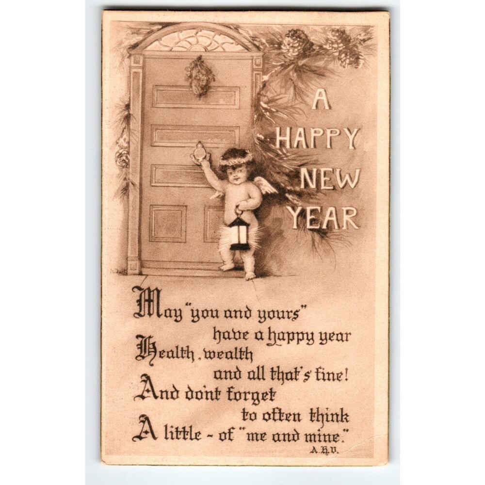New Year Postcard Cherub Angel Holds Lit Lantern Gibson Greetings 1913 Antique